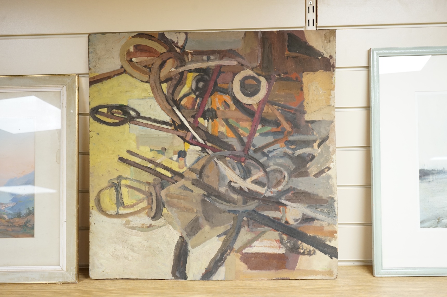 Modern British, Abstract composition, unsigned, oil on board, 61 x 61cm, unframed